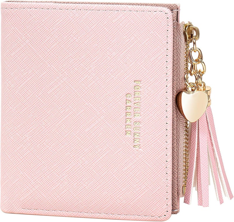 KOTORA Womens Small Wallet Girls Tiny Slim Wallets Pretty Mini Card Holder Thin Short Zip Coin Purse with Love Pendant and Tassels (Pink) - Image 1
